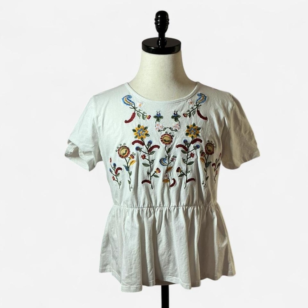 Journey Five White Floral Embroidered Peplum Tunic‎ Top Boho